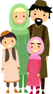 This image shows mother, father standing behind their son and daughter who are also standing