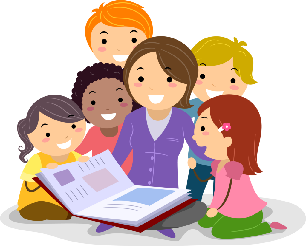 Group reading This image shows a group of children sat around a woman who is reading a book to them
