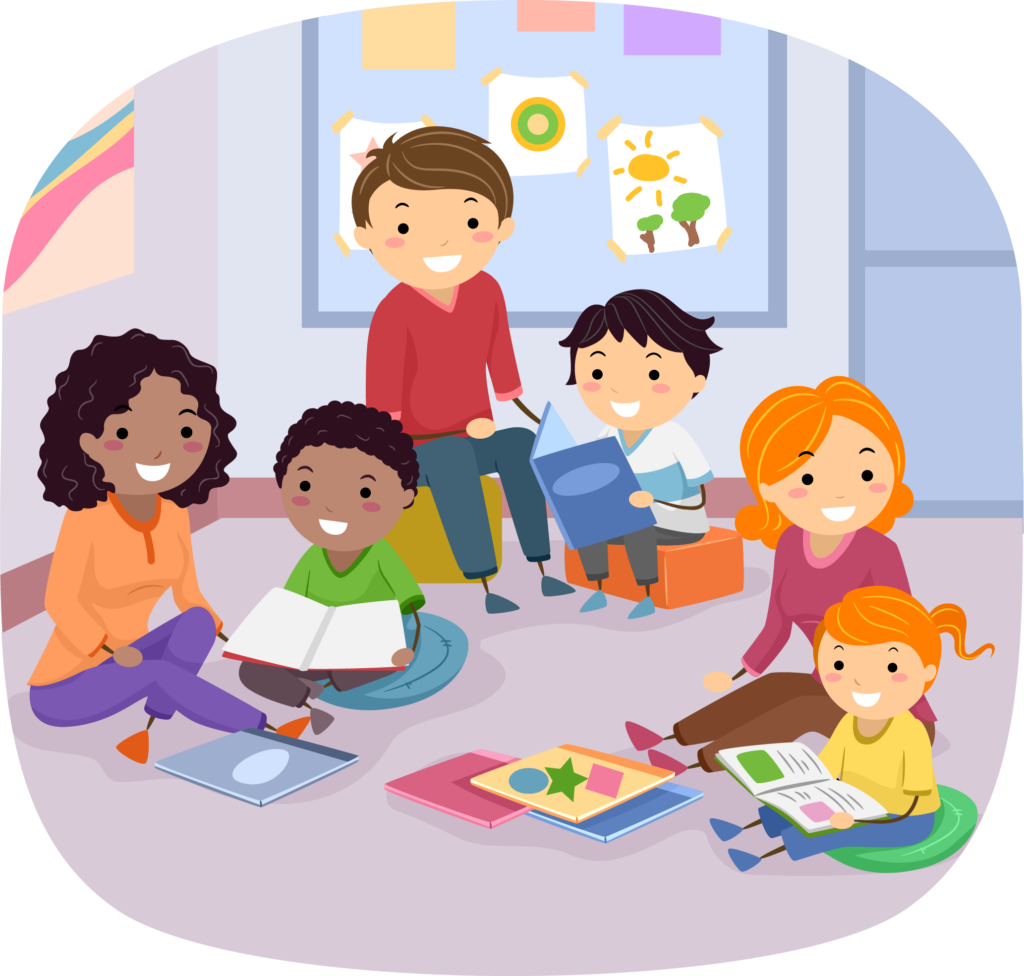 Group reading 2 This is an image of some adults doing group reading with some children