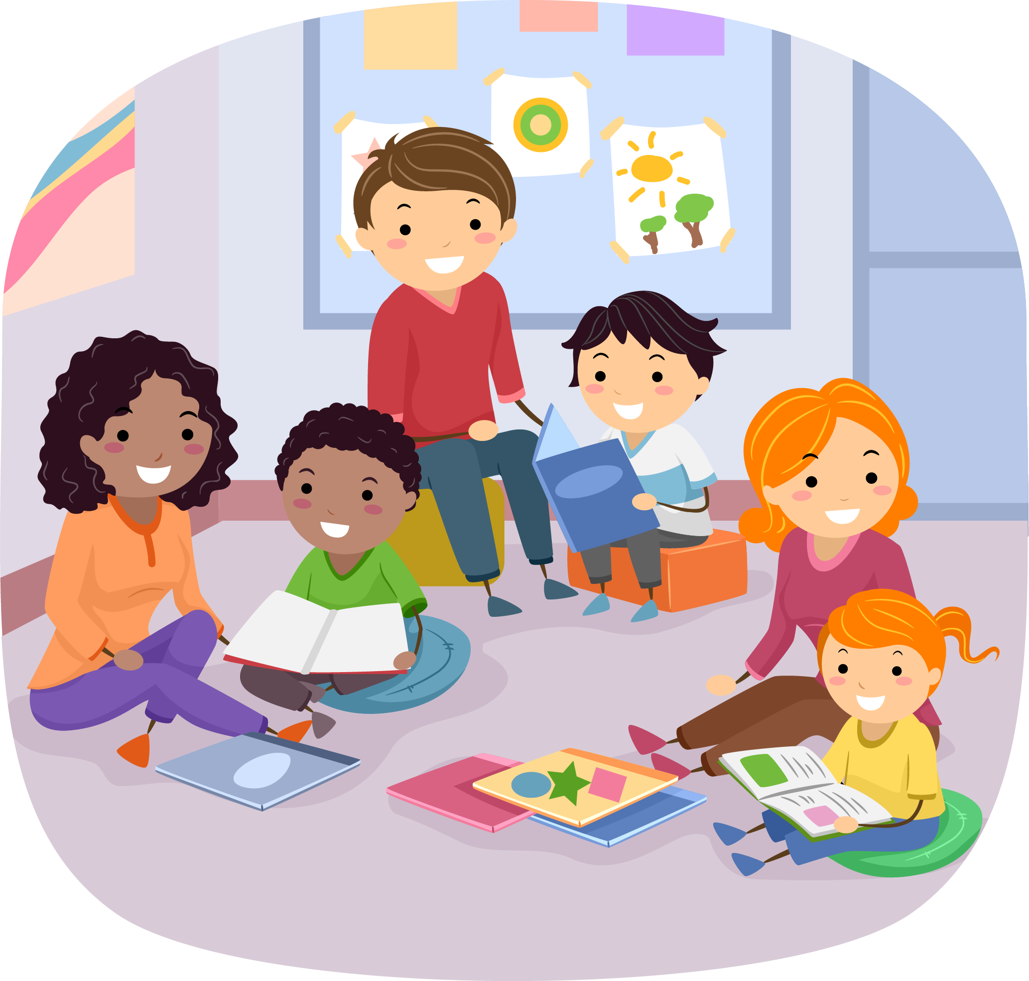 This is an image of some adults doing group reading with some children