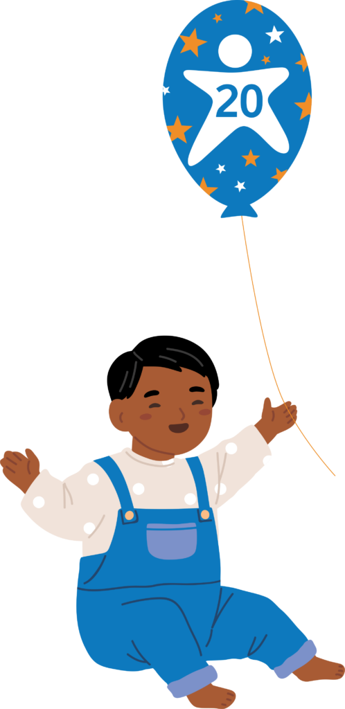Baby holding 20 years balloon