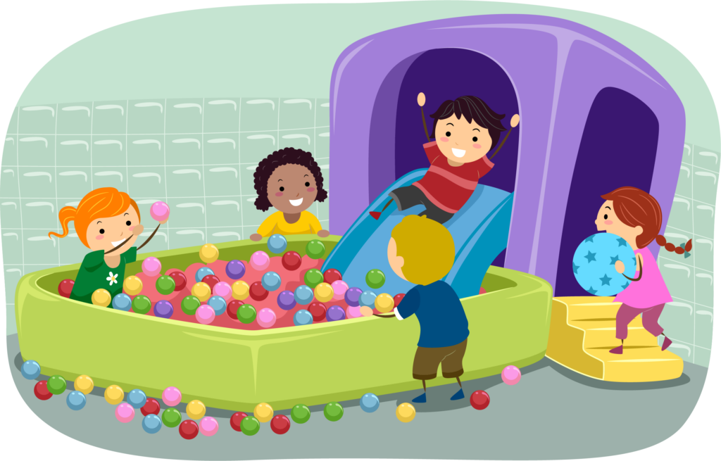 ball pit This is an image of some children playing in a ball pit that has a slide going in to it.