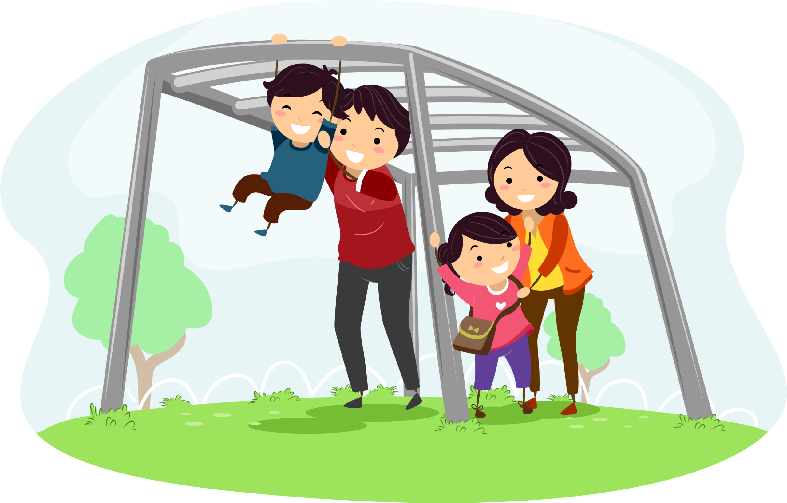 This image shows a mother, father, son and daughter playing by a climbing frame. The son is swinging on the climbing frame bars