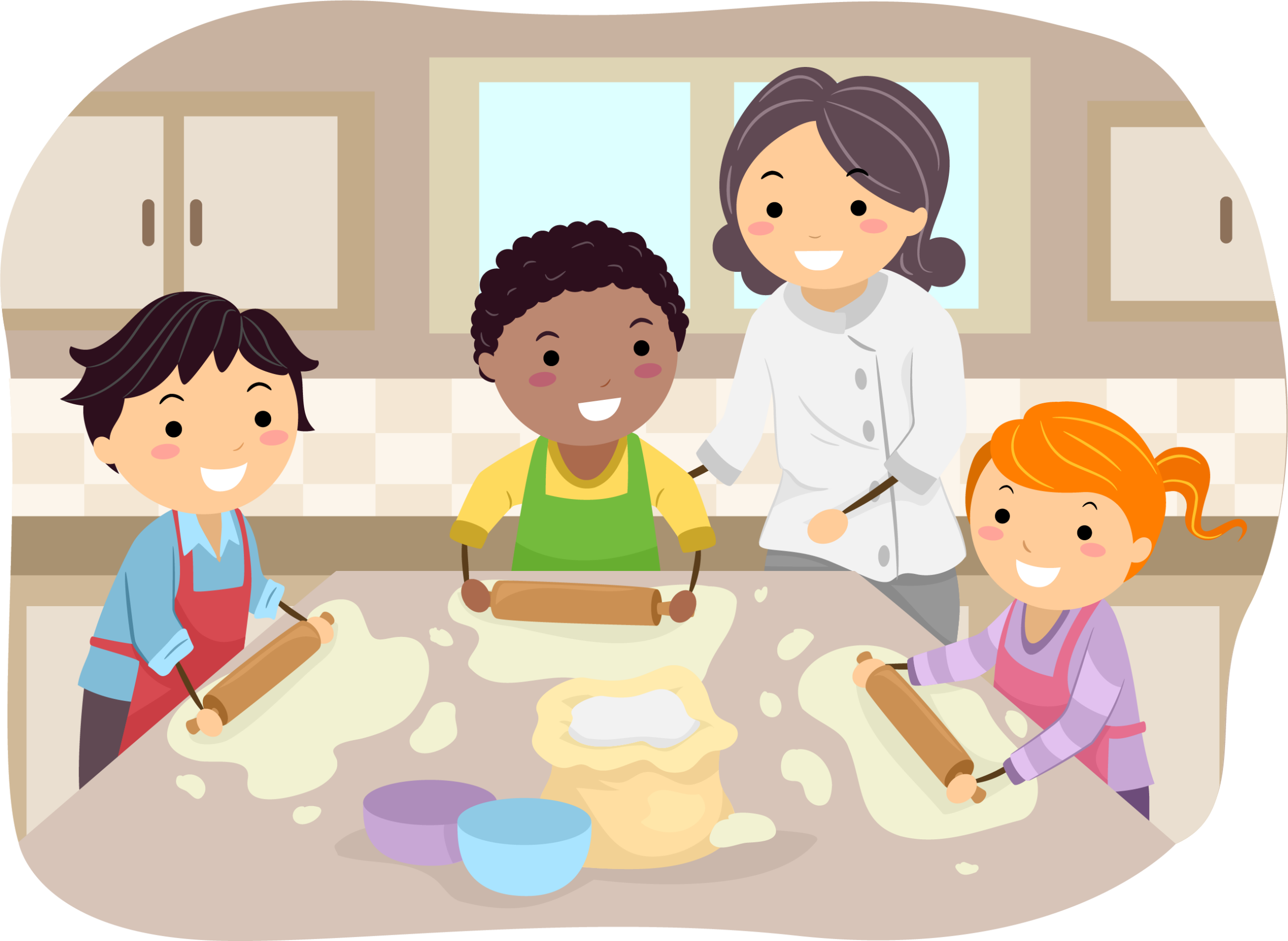 This is an image of three children with rolling pins rolling out some pastry while a woman in a white chefs coat is helping them