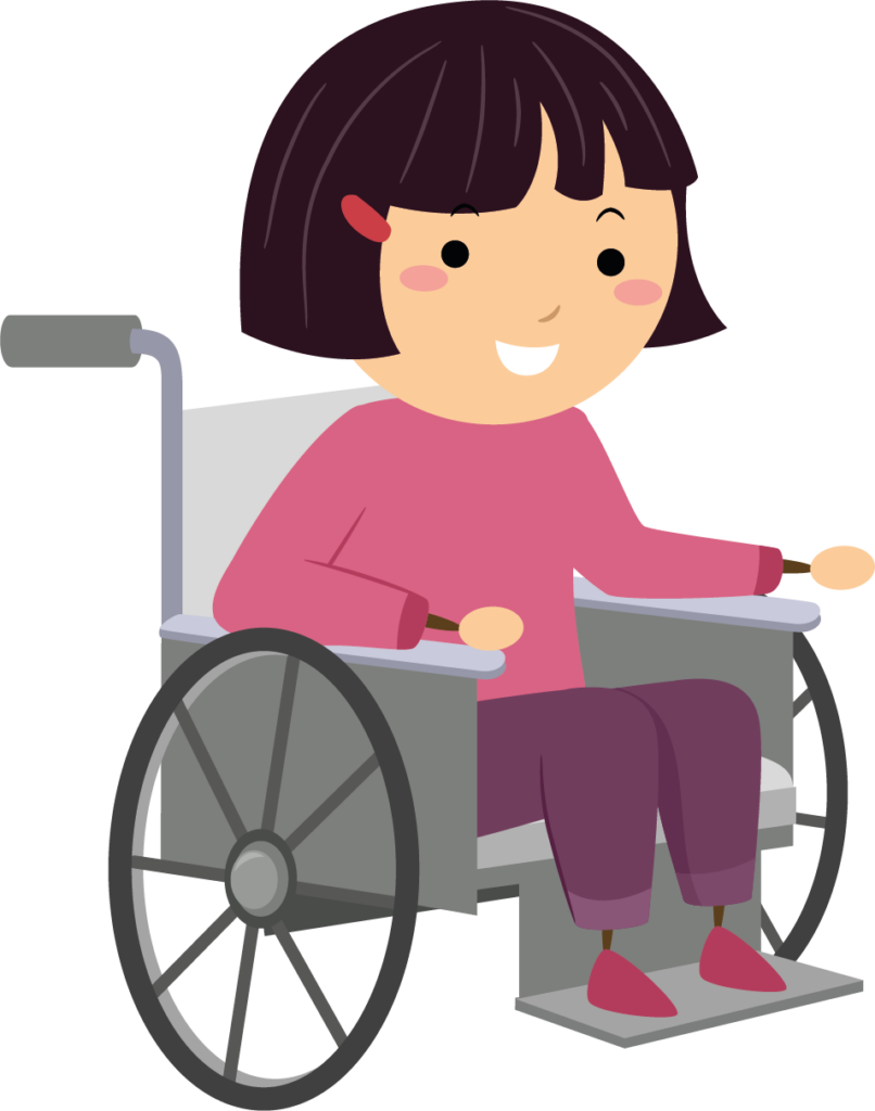 This image shows a young girl sat in a wheelchair