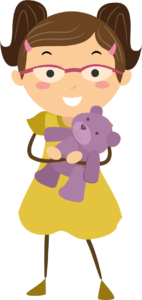 This is an image of a young girl standing up holding a teddy bear.
