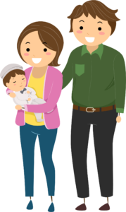 This image shows a young couple standing and the mother is holding a new baby.