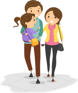 This image shows a young mother and father walking and the father is carrying a little girl
