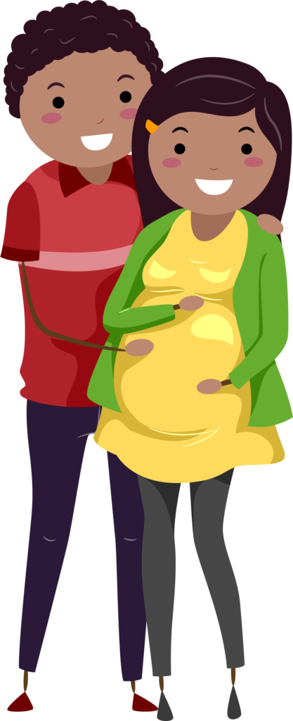 This image shows a young man and woman standing up. The woman in pregnant.
