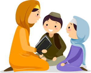 This image shows a mother reading a book to her son and daughter. They are all kneeling on the floor.